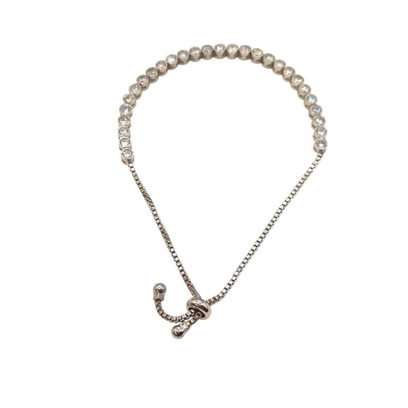 Adjustable Silver-Tone Bracelet With Clear Rhinestones & Box Chain Design - Picture 3 of 8